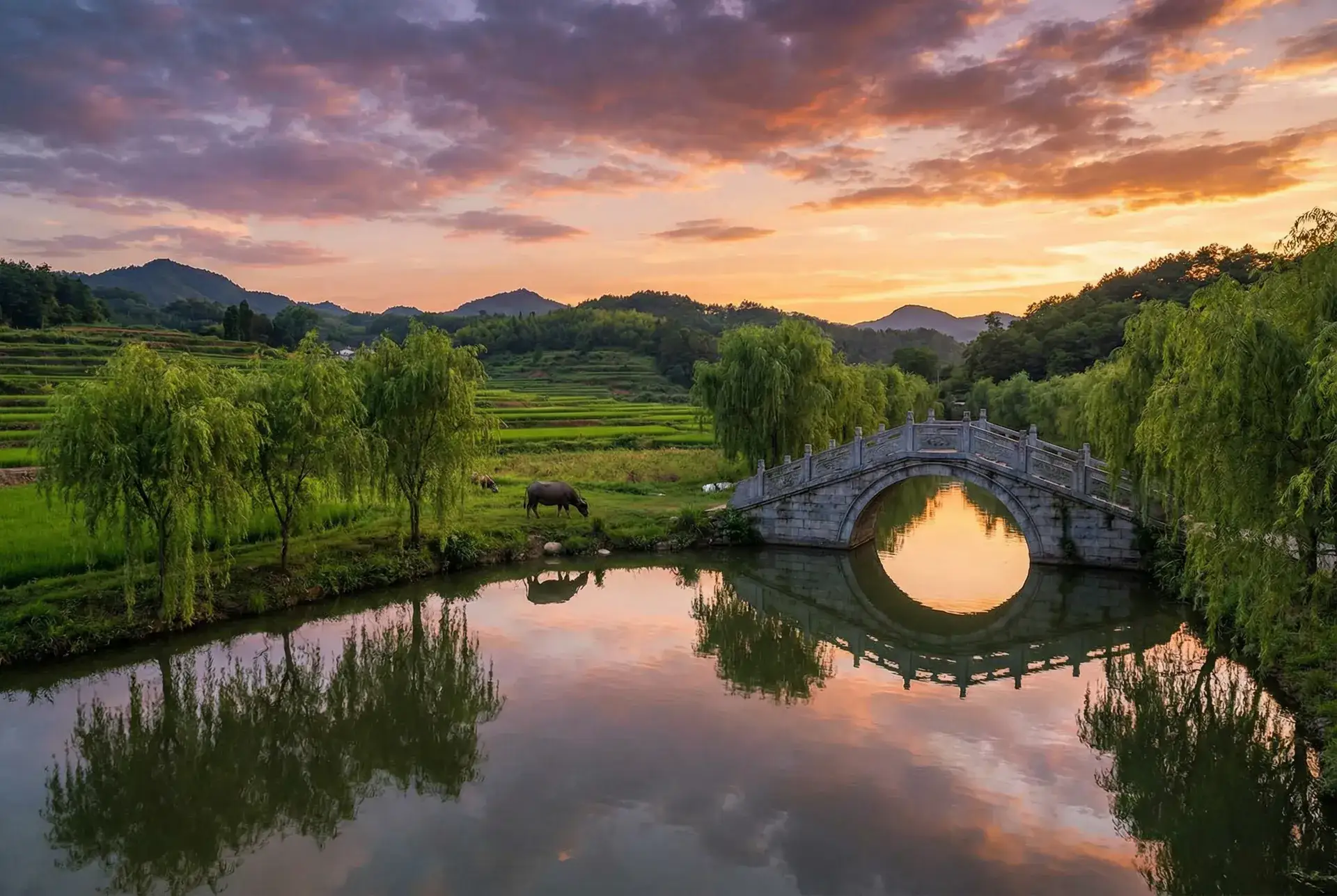 夕阳下的石拱桥与垂柳，水牛在河边吃草 - 电影女人出轨 乡村美景